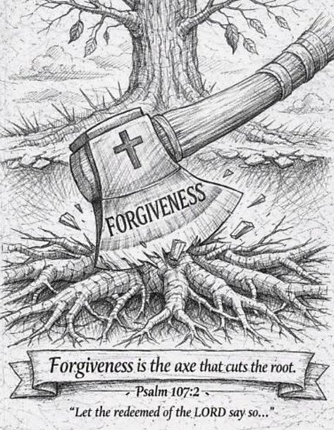 An axe marked Forgiveness driven into the roots of a tree: Forgiveness is the axe that cuts the root
