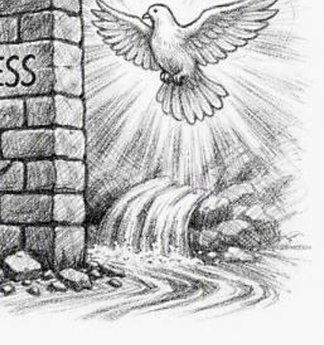 The dove of the Holy Spirit above a broken wall, with living water breaking through
