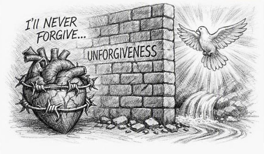 A heart wrapped in barbed wire behind a wall marked Unforgiveness, with the dove of the Holy Spirit and a stream of living water beyond it