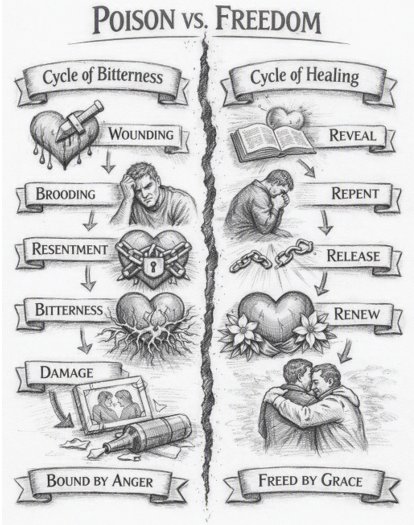 Poison versus Freedom: the Cycle of Bitterness on the left, the Cycle of Healing on the right, divided by a jagged crack