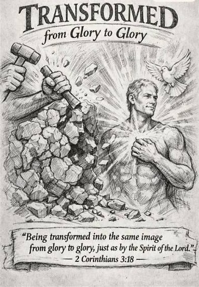 Transformed from glory to glory: a figure emerging from broken stone, with the dove above. 2 Corinthians 3:18