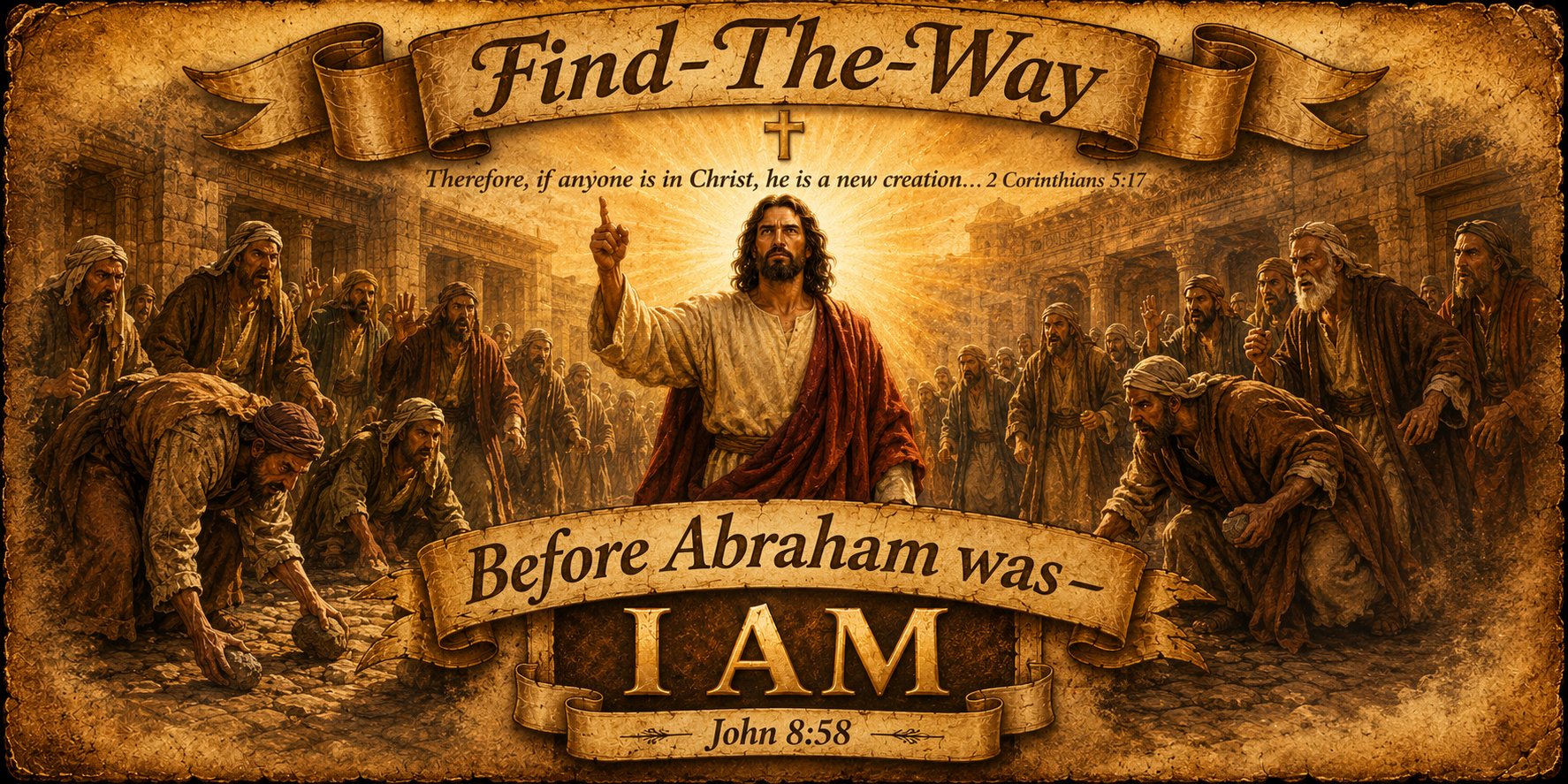 Before Abraham was, I AM — Jesus in the temple, the crowd reaching for stones — John 8:58